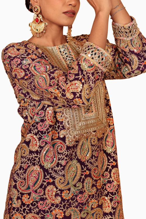 Purple Elizey Paisley Embroidered Sharara Set