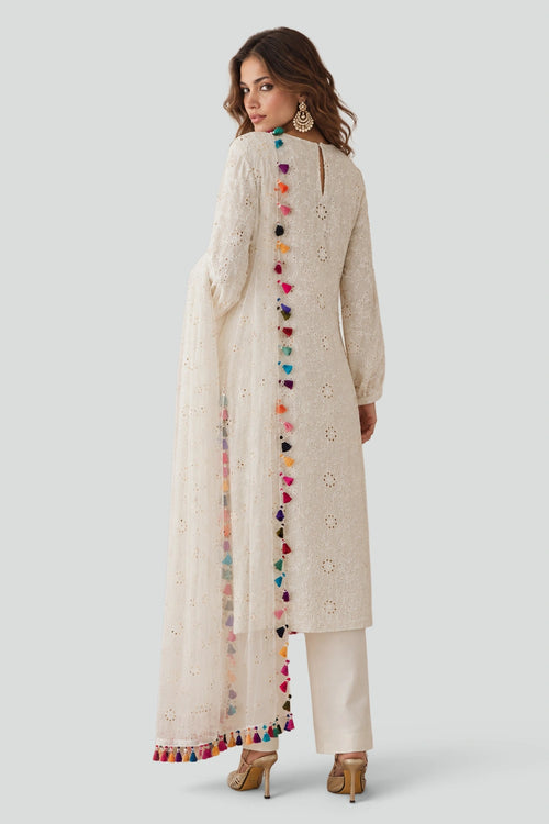 Off-White Chikankari Kurta With Silkmul Pants And Dupatta