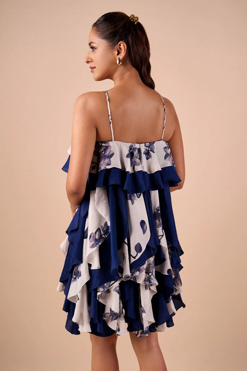 Blue Printed Ruffle Dress
