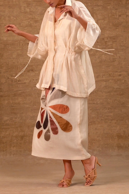 Silk Ivory Chanderi Pleated Shirt With Tissue Applique Skirt