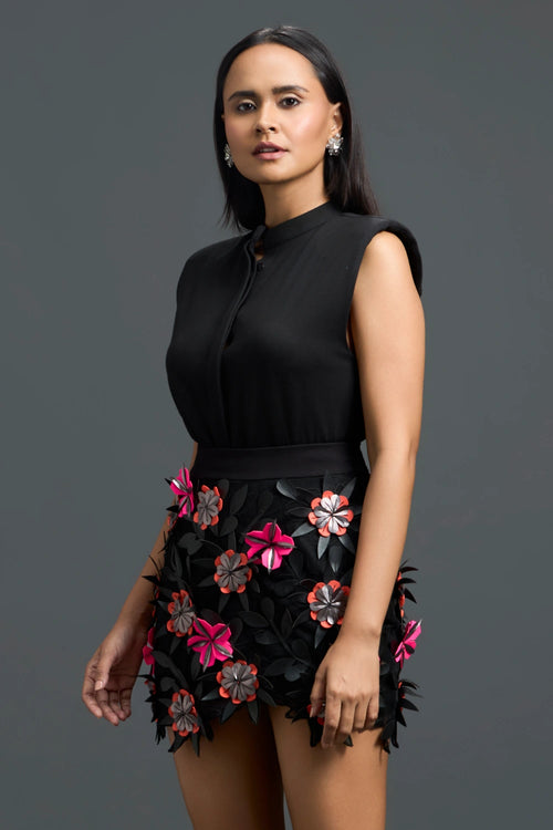 Black Sleeveless Top with 3D Floral Embroidered Skirt Set