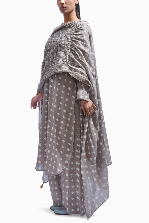 Mud Grey Block Cotton Kasis Kurta Set