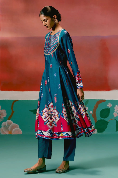 Teal Aztec Anarkali Set with Dupatta