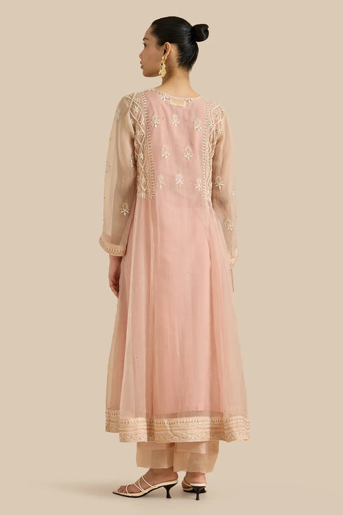 Pink Organza Silk Kalidar Set Crafted With Chikankari Threadwork And Kutdana Embroidery