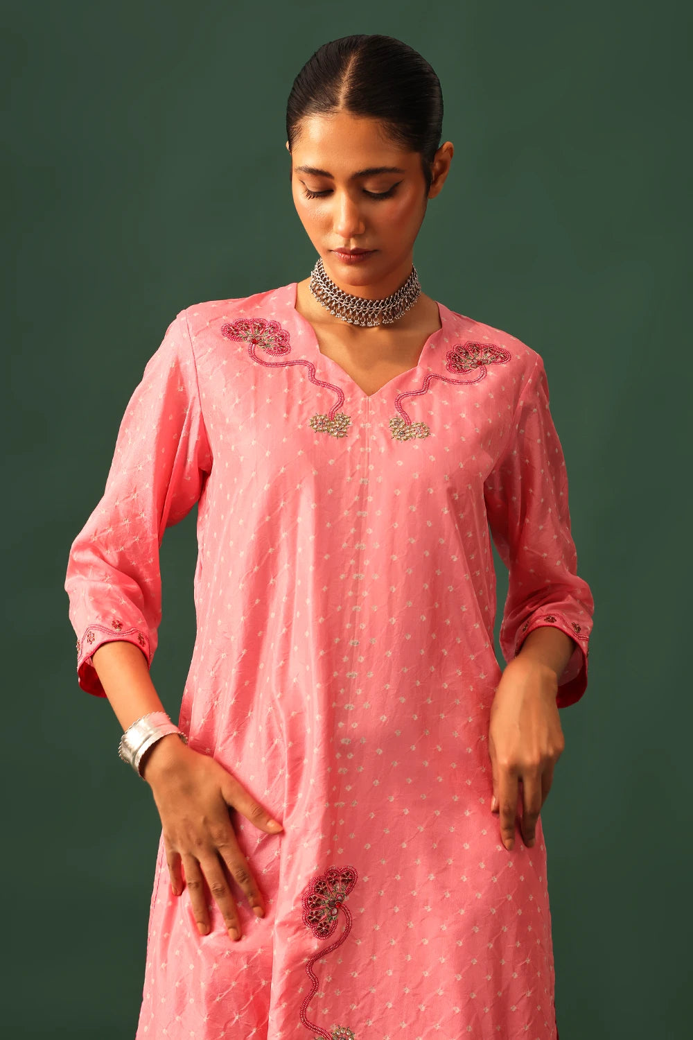 Pink Bandhani Aari Suit Set