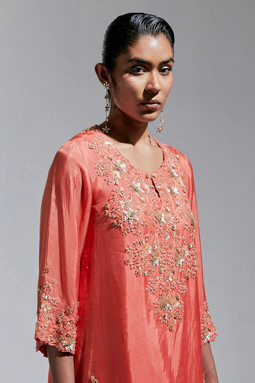 Floral Embroidered Silk Vermilion Salwar Set