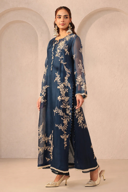 Vaayu Dark Blue Jaal Straight Kurta Set