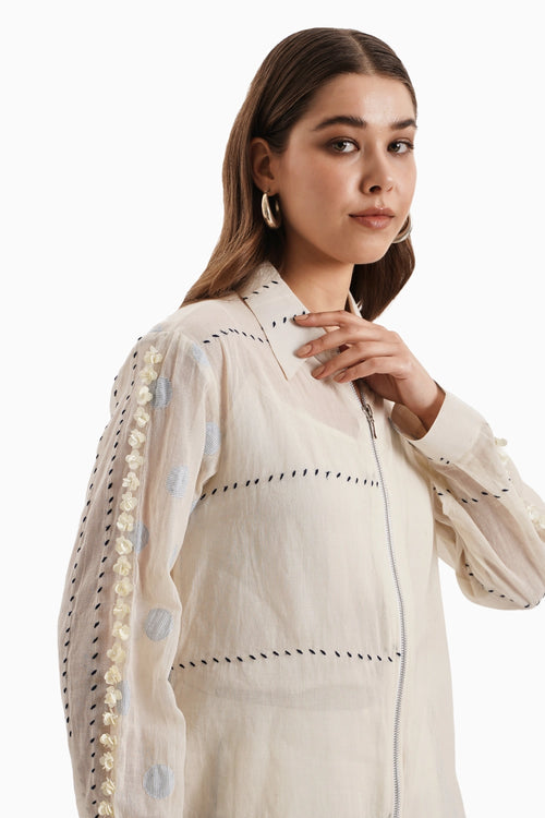 Beige Cotton Embroidered Thread Shirt