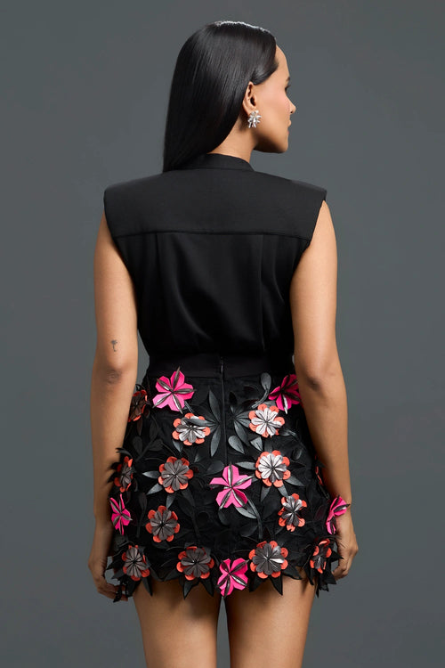 Black Sleeveless Top with 3D Floral Embroidered Skirt Set