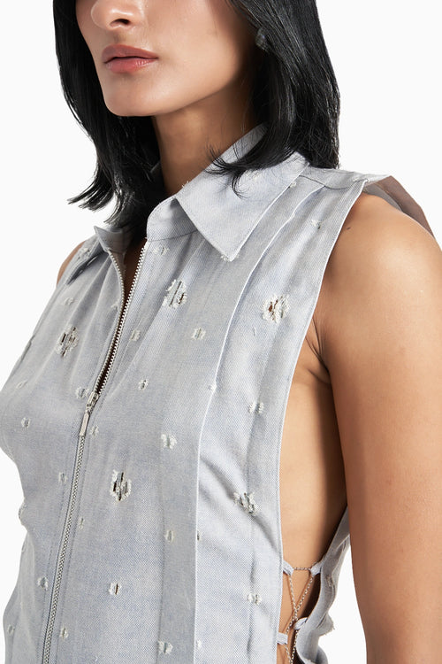 Grey Denim Rugged Collared Bib And Pants Set