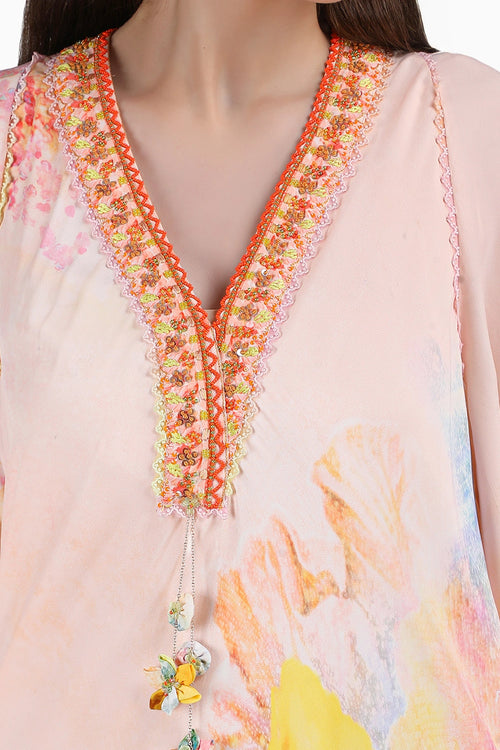 Peach Floral Faux Printed Kaftan Dress