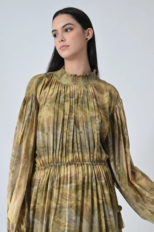 Olive Dye Printed Bloom Long Dress