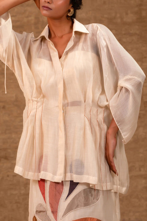 Silk Ivory Chanderi Pleated Shirt With Tissue Applique Skirt