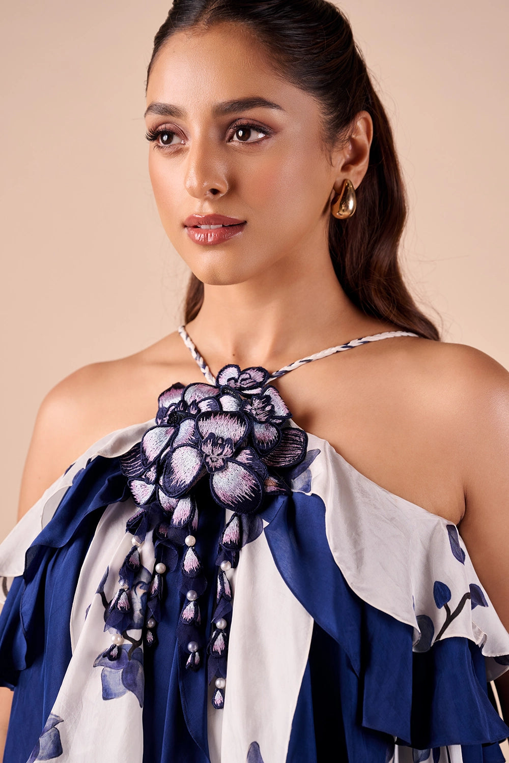 Blue Printed Ruffle Dress