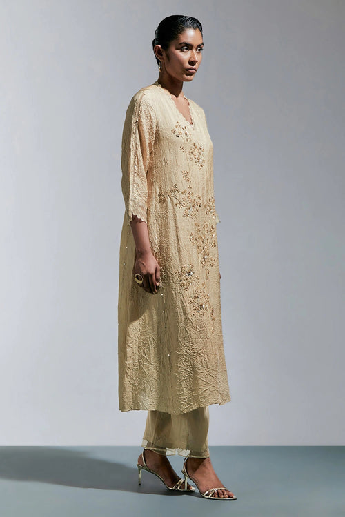 Shell Floral Embroidered Crushed Silk Kurta Set