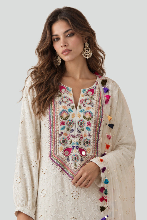 Off-White Chikankari Kurta With Silkmul Pants And Dupatta