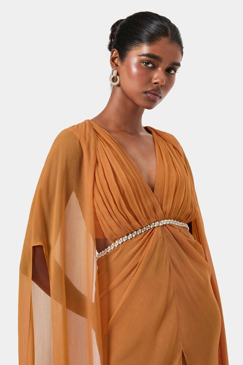 Tangerine Embellished Draped Shoulder Gown