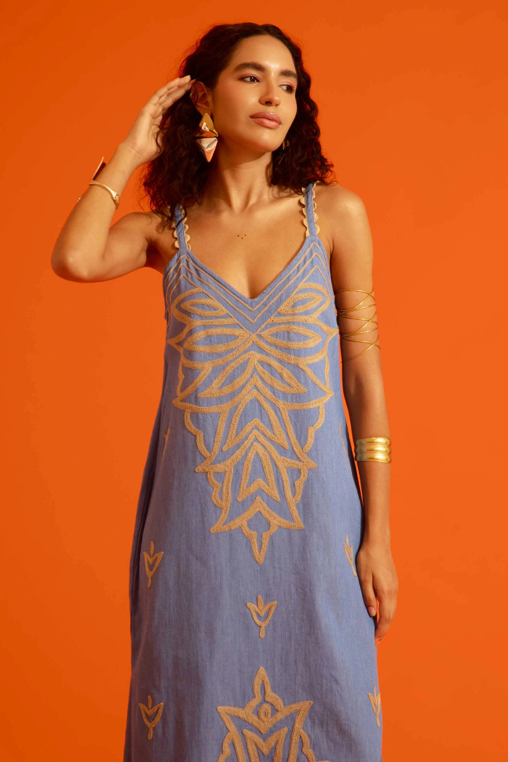 Denim Blue Strappy Dress with Thread Embroidery