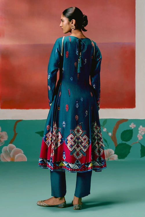 Teal Aztec Anarkali Set with Dupatta