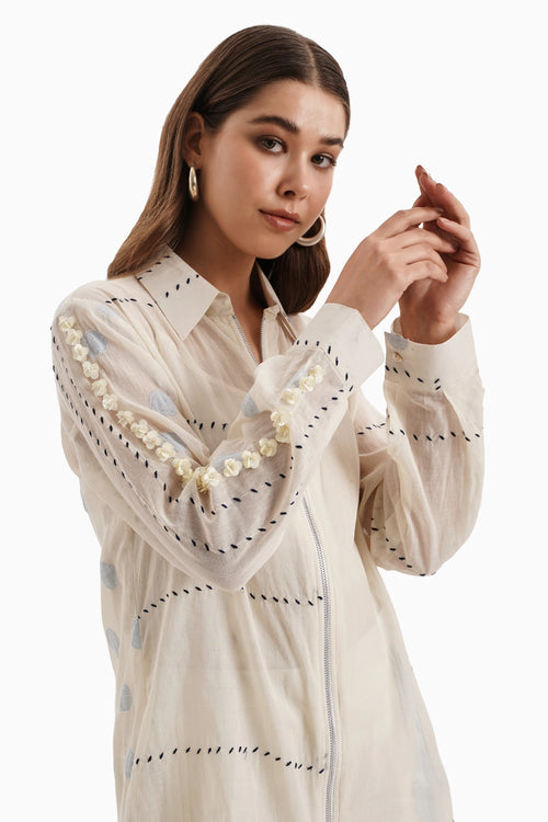 Beige Cotton Embroidered Thread Shirt