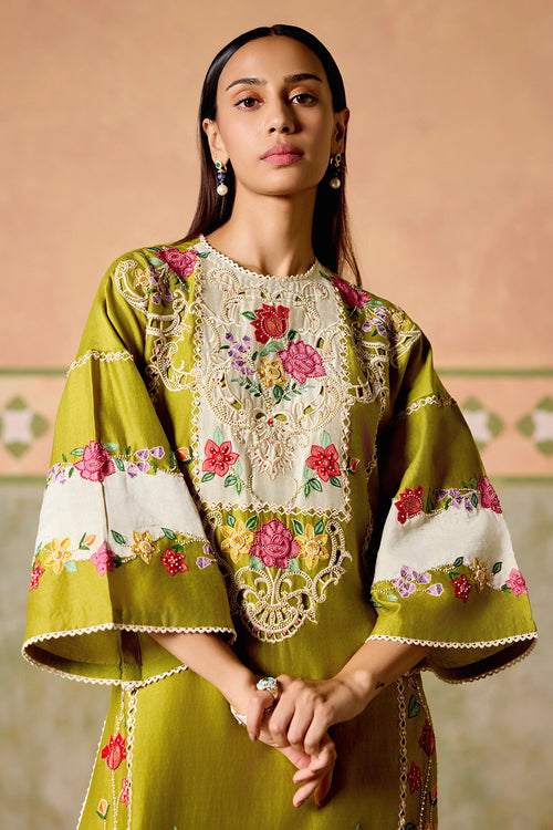 Olive and Ivory Color Block Kurta Set with Dupatta
