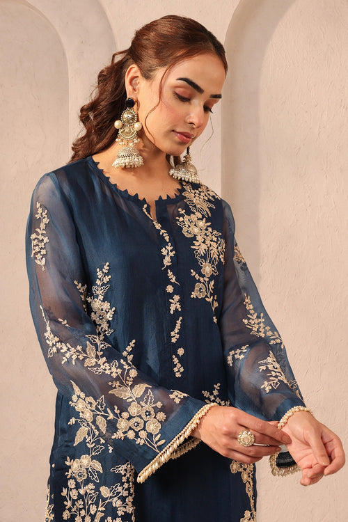 Vaayu Dark Blue Jaal Straight Kurta Set