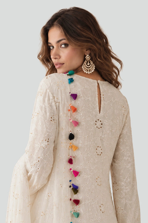 Off-White Chikankari Kurta With Silkmul Pants And Dupatta