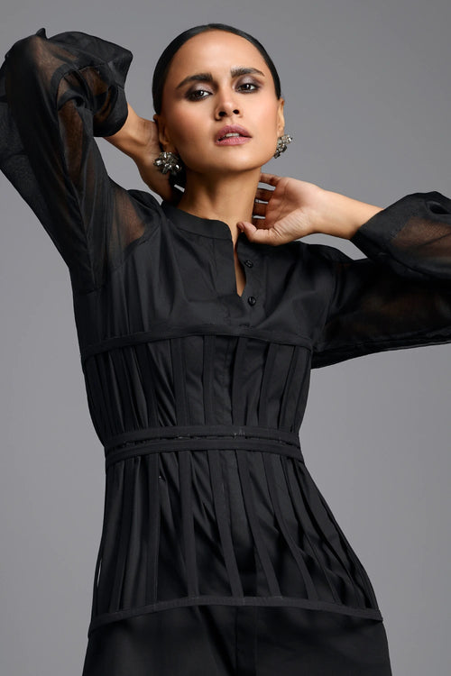 Black Shirt Dress with Sheer Sleeves