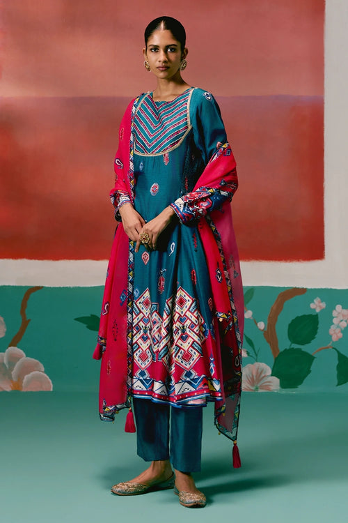 Teal Aztec Anarkali Set with Dupatta