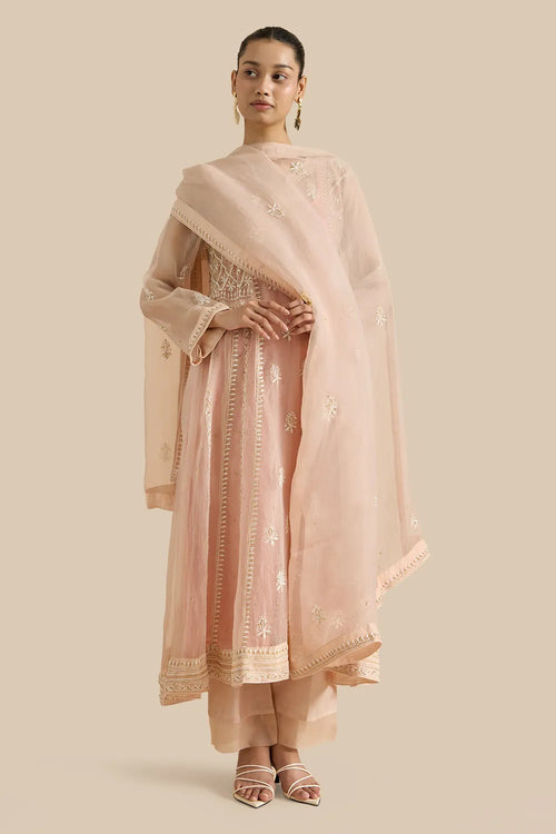 Pink Organza Silk Kalidar Set Crafted With Chikankari Threadwork And Kutdana Embroidery