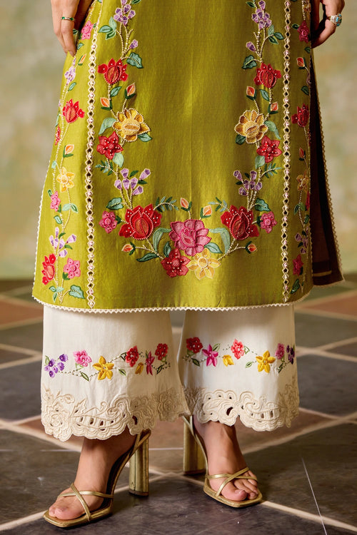 Olive and Ivory Color Block Kurta Set with Dupatta
