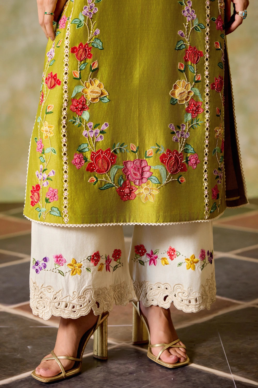 Olive and Ivory Color Block Kurta Set with Dupatta