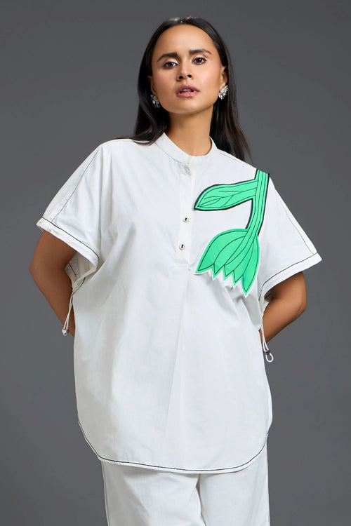 White Oversized Floral Patch Shirt