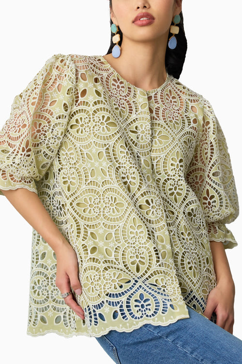Pistachio Lace Button Down Blouse