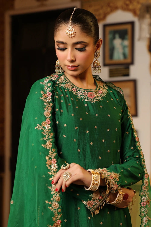 Ahista Green Mayur Applique Long Kurta With Heavy Dupatta