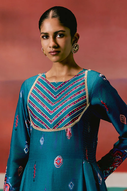 Teal Aztec Anarkali Set with Dupatta
