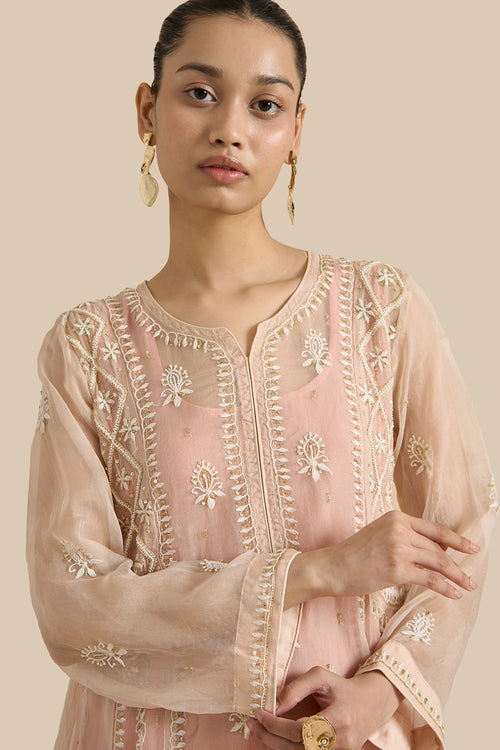 Pink Organza Silk Kalidar Set Crafted With Chikankari Threadwork And Kutdana Embroidery