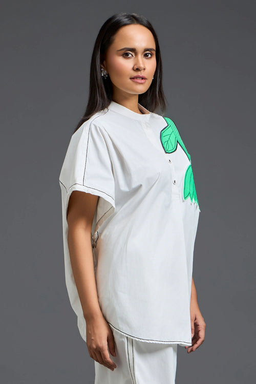 White Oversized Floral Patch Shirt