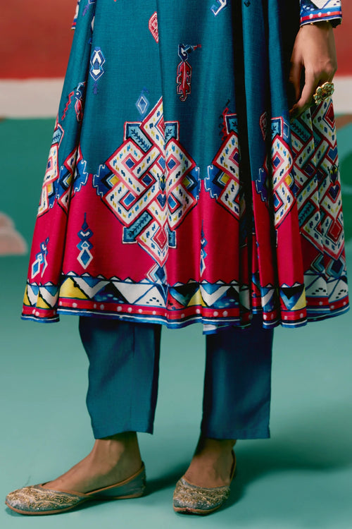 Teal Aztec Anarkali Set with Dupatta