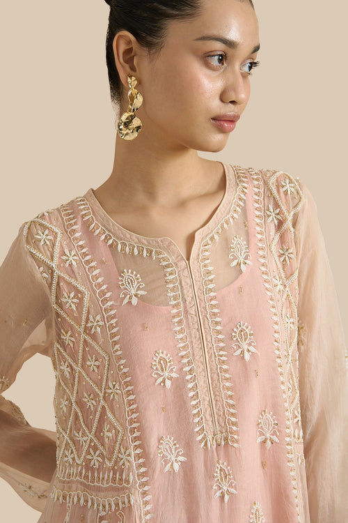Pink Organza Silk Kalidar Set Crafted With Chikankari Threadwork And Kutdana Embroidery