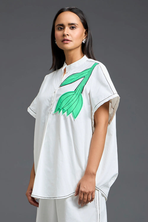 White Oversized Floral Patch Shirt