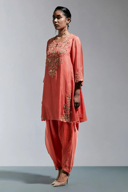 Floral Embroidered Silk Vermilion Salwar Set