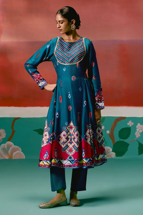 Teal Aztec Anarkali Set