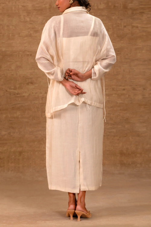 Silk Ivory Chanderi Pleated Shirt With Tissue Applique Skirt