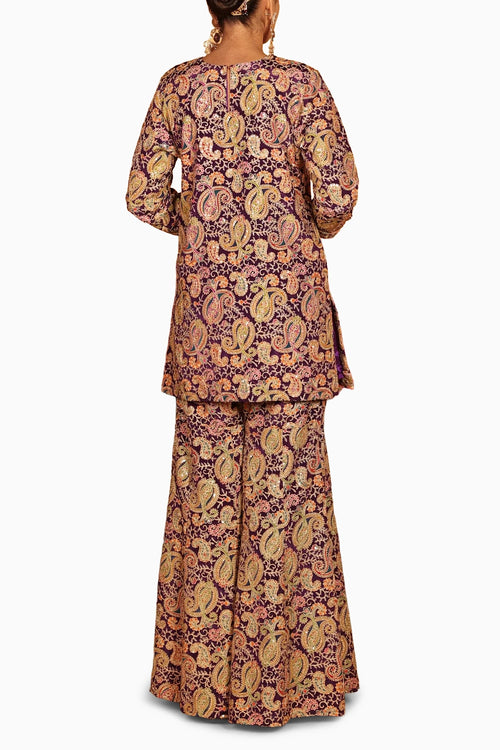 Purple Elizey Paisley Embroidered Sharara Set