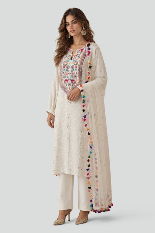 Off-White Chikankari Kurta With Silkmul Pants And Dupatta