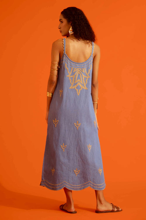 Denim Blue Strappy Dress with Thread Embroidery