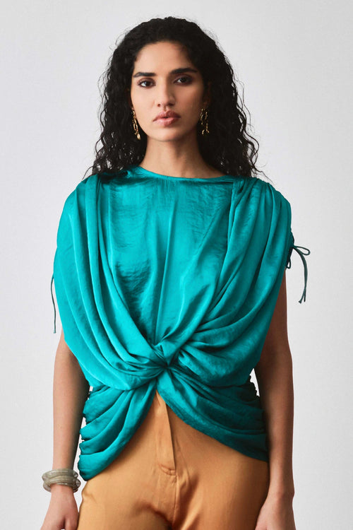 Teal Fern Draped Top