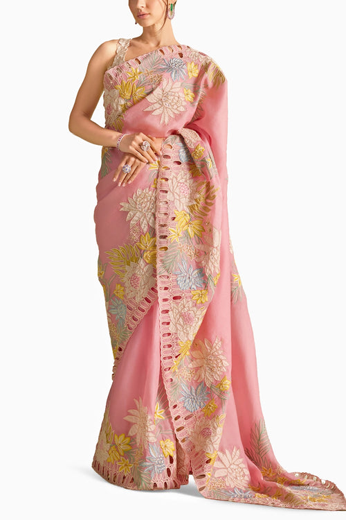 Pink Contrast Applique Embroidered Saree