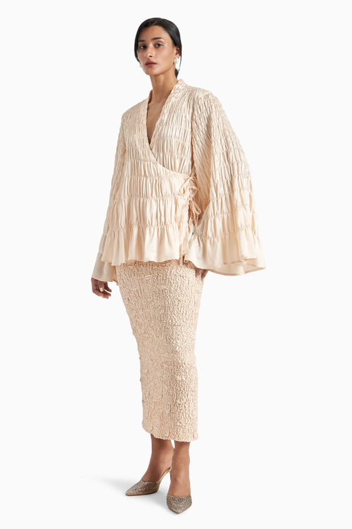 Alabaster Wave Smocked Pencil Skirt